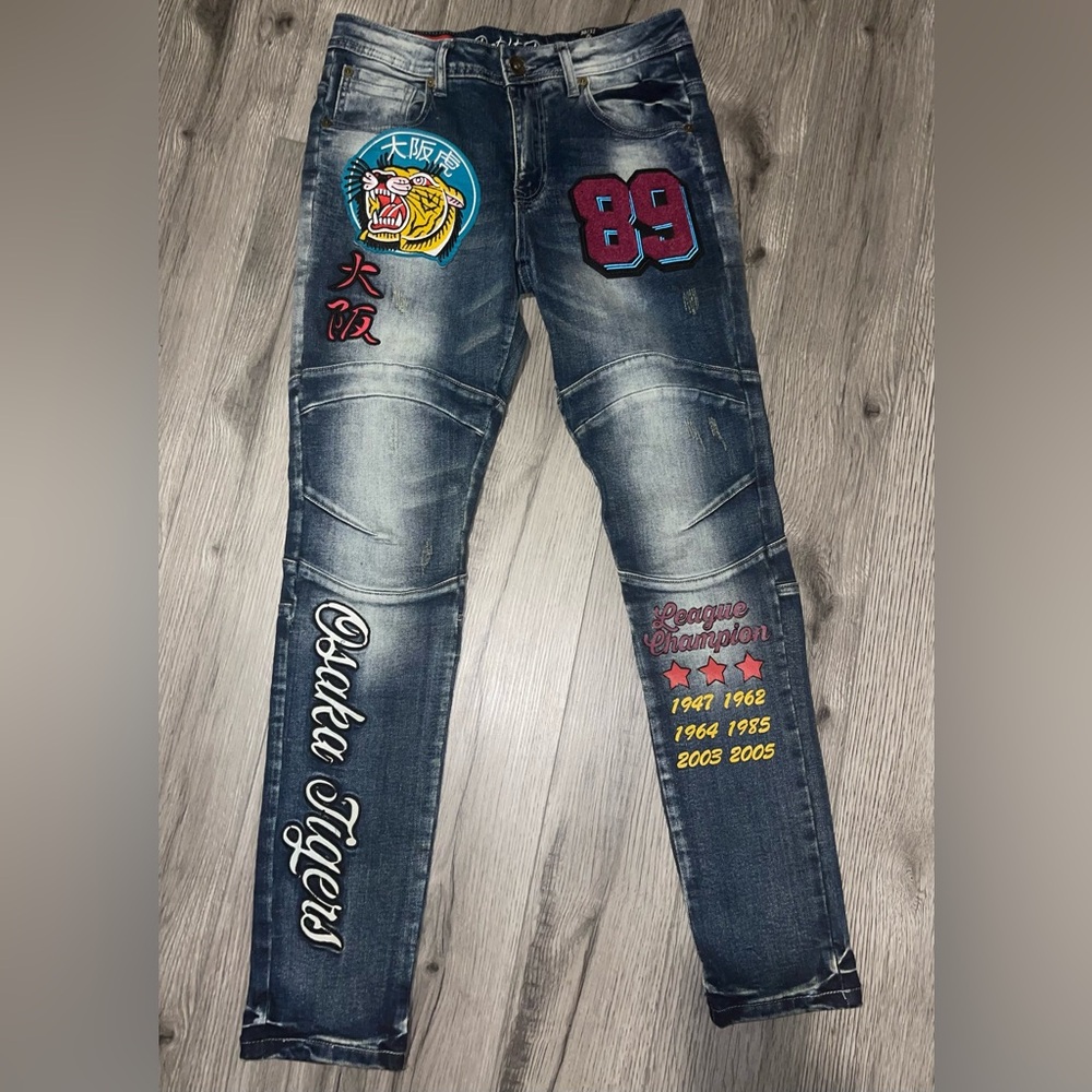 Osaka Tigers Stall & Dean Jeans Patches Distressed Mens Size 30 x 32 NWT
